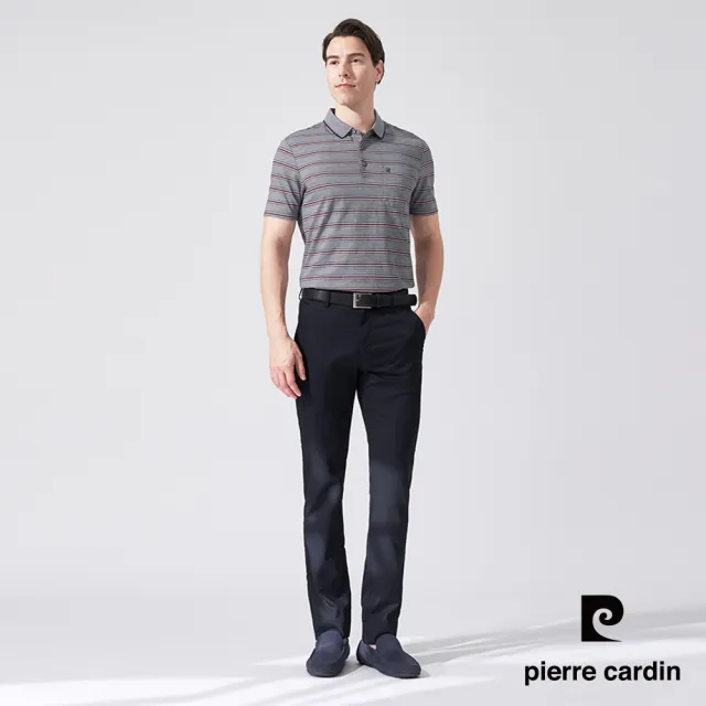 【pierre cardin 皮爾卡登】商務休閒 男款 雙色網眼橫條印花短袖POLO衫-灰藍色(5247254-38)