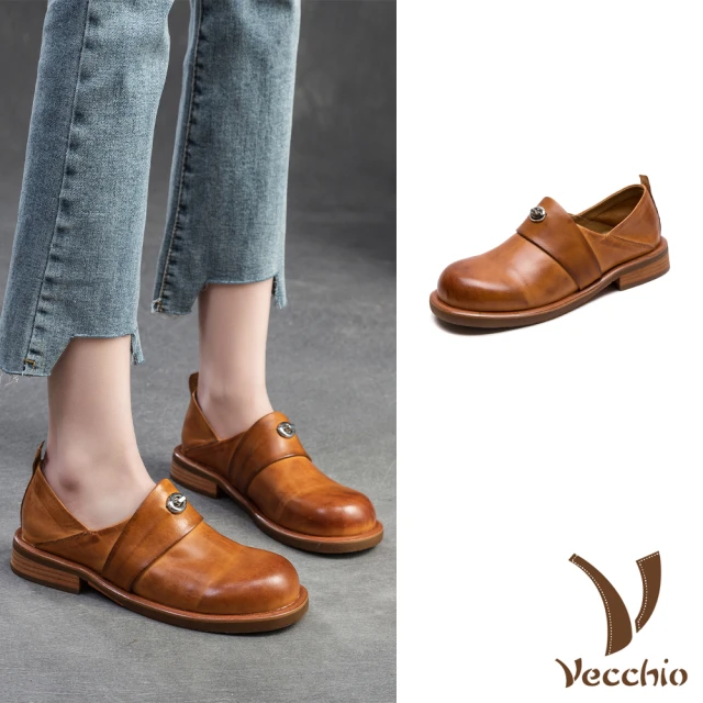 VecchioVecchio 真皮樂福鞋 兩穿樂福鞋/全真皮馬皮兩穿法設計立體釦飾舒適樂福鞋(棕)