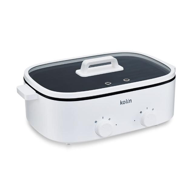 歌林 KOLIN KHL-MN5LA 5L 鴛鴦電火鍋,一鍋多用,支援燒烤、火鍋、蒸煮等多種料理模式。內鍋採用壓鑄鋁加不沾塗層,易清潔耐用;透明玻璃上蓋方便監控,火力調節靈活,內建安全裝置確保使用安心。容量達5L,適閤家庭聚餐,功率1600W快速加熱,白色系設計簡約美觀。原廠保固一年,中國製造,BSMI認證R56103。 KOLIN歌林 KHL-MN5LA