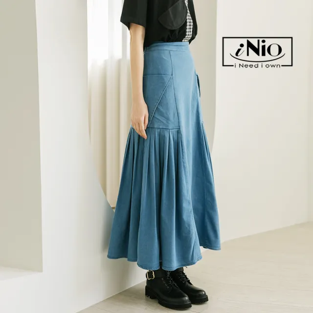 【iNio 衣著美學】長裙 春夏新品 現貨 後鬆緊腰 抓褶 棉質 牛仔裙(CDW2032)