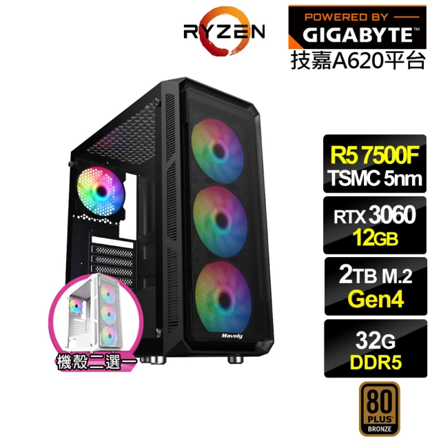 技嘉平台 R5六核GeForce RTX 3060{冰風暴GI13D}電競電腦(R5-7500F/A620/32G/2TB)