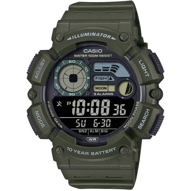 【CASIO 卡西歐】軍綠10年電力水上運動手錶 月相資訊 釣魚模式(WS-1500H-3BV)