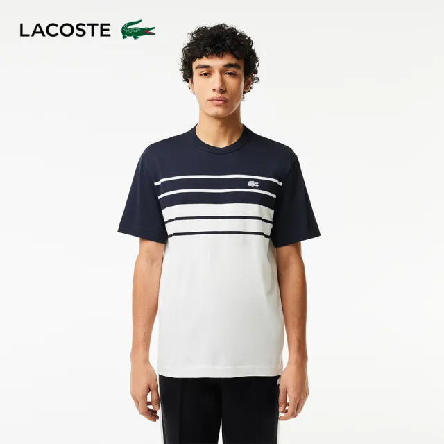【LACOSTE】男裝-法國製 條紋撞色平紋針織短袖T恤(黑/白配色)