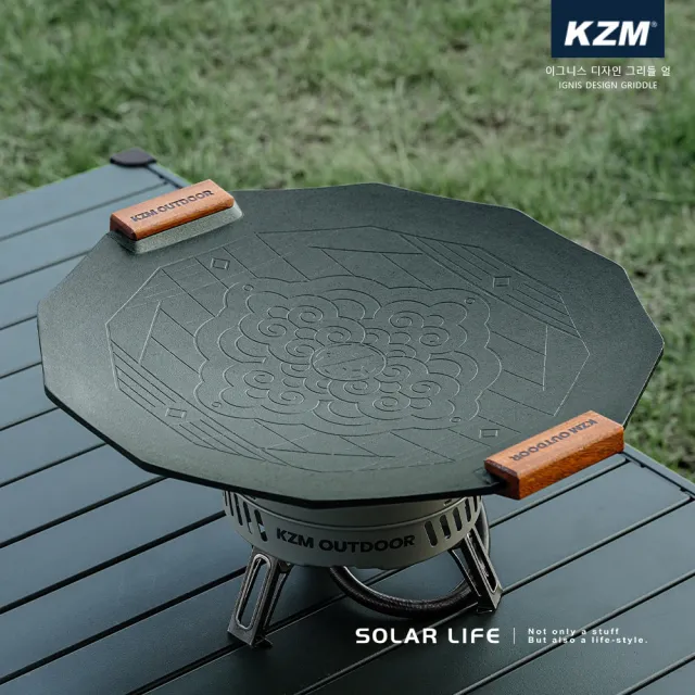 【KZM】KAZMI 韓式不沾煎烤盤附木手把(韓國烤盤 BBQ烤肉盤 雙耳燒烤盤 露營煎烤盤 金屬烤盤)