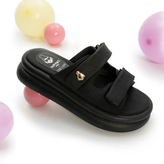 【FAIR LADY】日本京都聯名 HAPPYFACE 時尚品牌釦輕量厚底拖鞋(黑、2A2882)