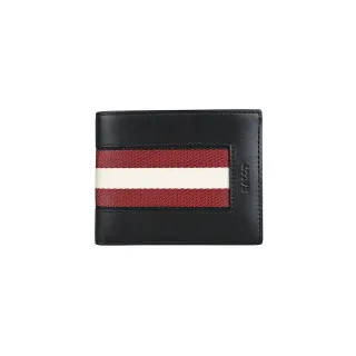 【BALLY】BEVYE壓印LOGO紅白織帶設計牛皮6卡對折短夾(黑)