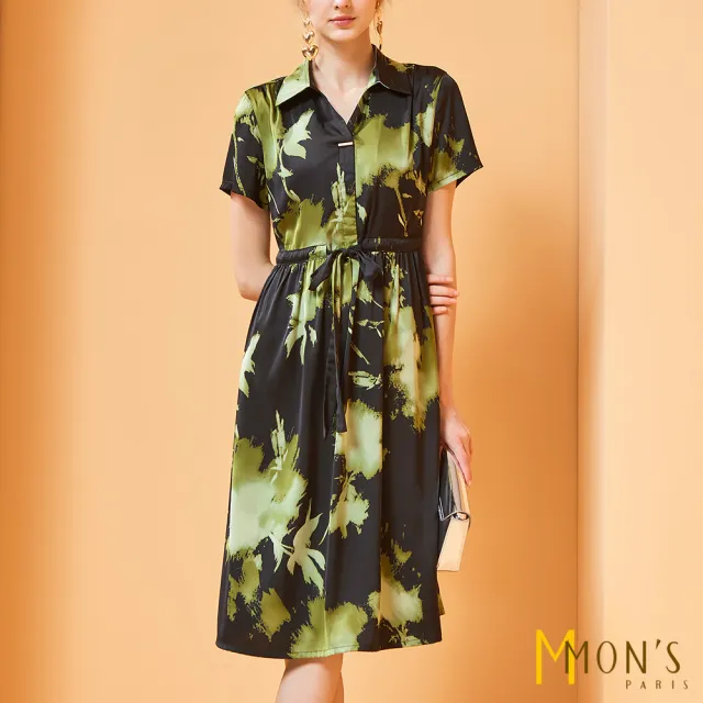 【MON’S】水墨春泥植卉印花緞面洋裝