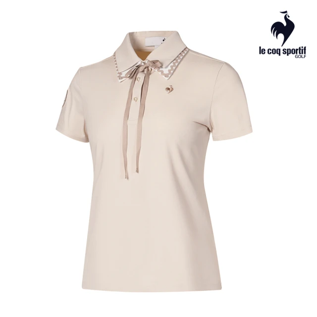 LE COQ SPORTIF 公雞 高爾夫系列 女款卡其色公主風滾邊綁帶涼感防曬短袖衫 QLT2T207