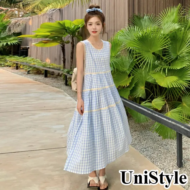 【UniStyle】格紋無袖洋裝 韓系撞色清新甜美風 女 ZM166-7701(天藍)