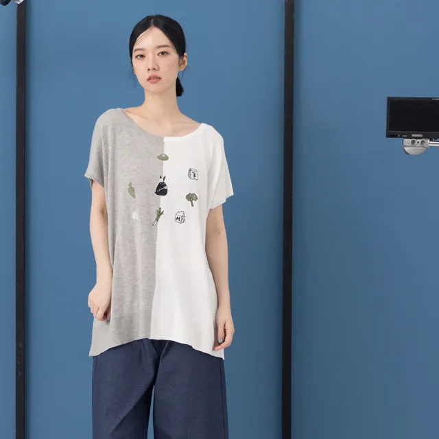 【MOSS CLUB】食神阿兔撞色中長版連袖短袖針織上衣(黑 綠 灰/魅力商品)