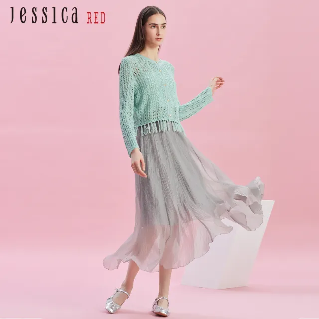【Jessica Red】輕薄鏤空針織流蘇邊針織短外套R43401