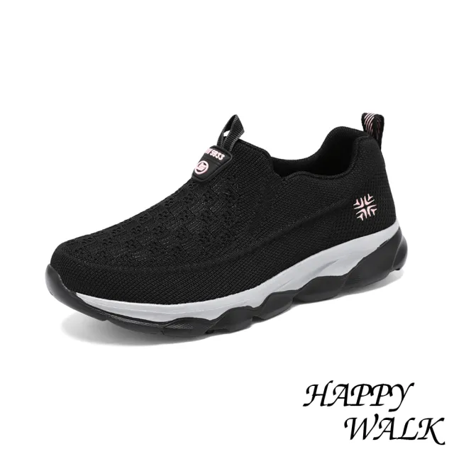 【HAPPY WALK】套腳健步鞋/立體棋盤格飛織套腳舒適休閒健步鞋(黑粉)