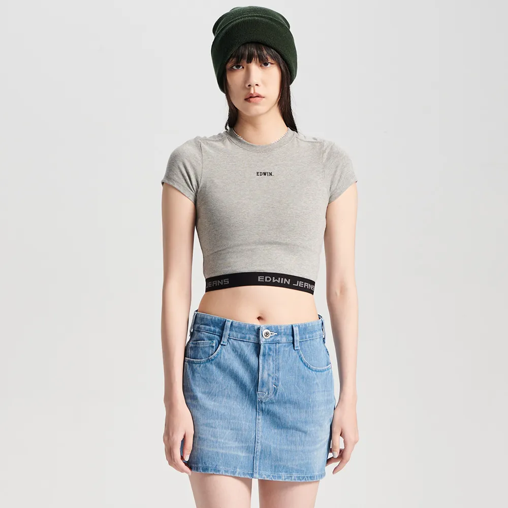 【EDWIN】女裝 合身短版短袖T恤(麻灰色)