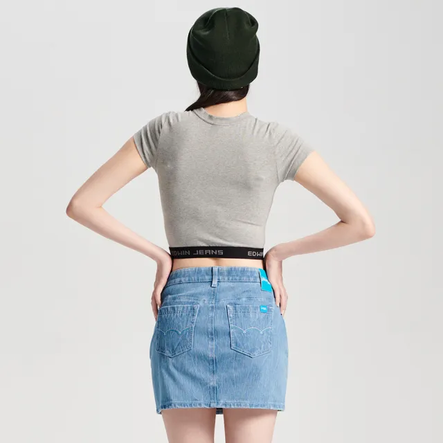 【EDWIN】女裝 合身短版短袖T恤(麻灰色)