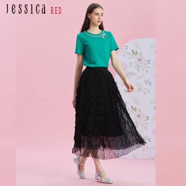 【Jessica Red】甜美百搭鬆緊腰泡泡紗長裙R43102（黑）