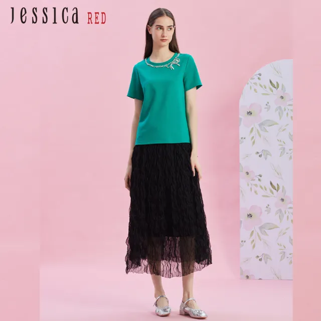 【Jessica Red】甜美百搭鬆緊腰泡泡紗長裙R43102（黑）