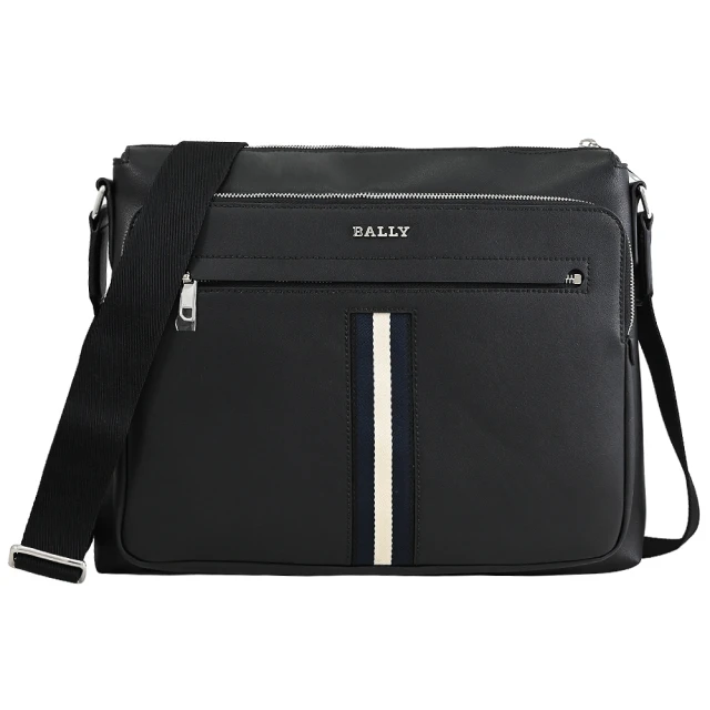 BALLY HARISON 經典金屬LOGO條紋織帶雙層方包斜背包(黑)