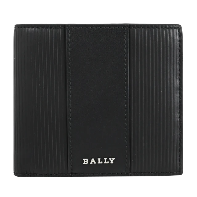 BALLY LYIES 簡約烙印LOGO條紋小牛皮4卡零錢短夾(黑)