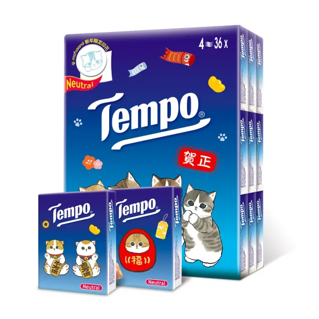 【TEMPO】貓福珊迪限量款 4層加厚紙手帕 迷你袖珍包-天然無香(7抽x36包/組)