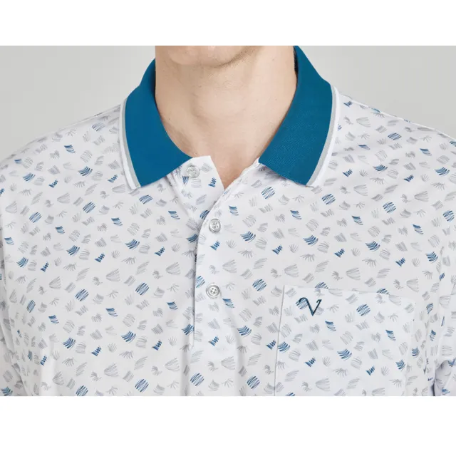 【Emilio Valentino 范倫鐵諾】男裝 吸濕速乾涼爽彈性印花胸袋短袖POLO衫_藍/白(66-4V8115)