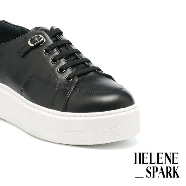 【HELENE_SPARK】舒適質感彈力鞋帶釦牛皮厚底休閒鞋(黑)