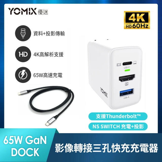 影音快充線組【YOMIX 優迷】4K影像轉接65W三孔快充充電器(HDMI視訊投影USB/SWITCH Dock/PD3.0/GaN-XD1)