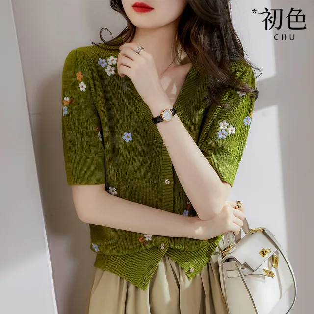 【初色】刺繡小花針織外套-綠色-99055(F可選/現貨+預購)