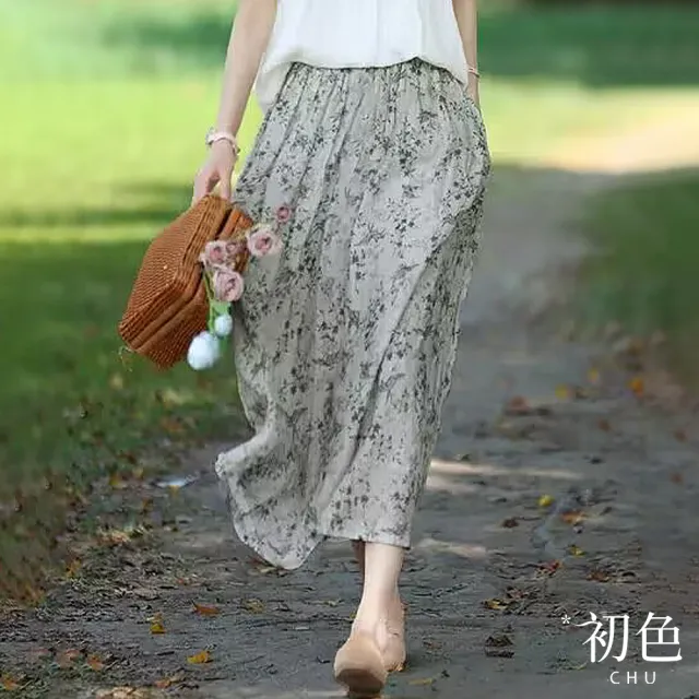 【初色】碎花印花寬鬆遮肉顯瘦休閒鬆緊高腰半身裙-綠色-34767(M-2XL可選)