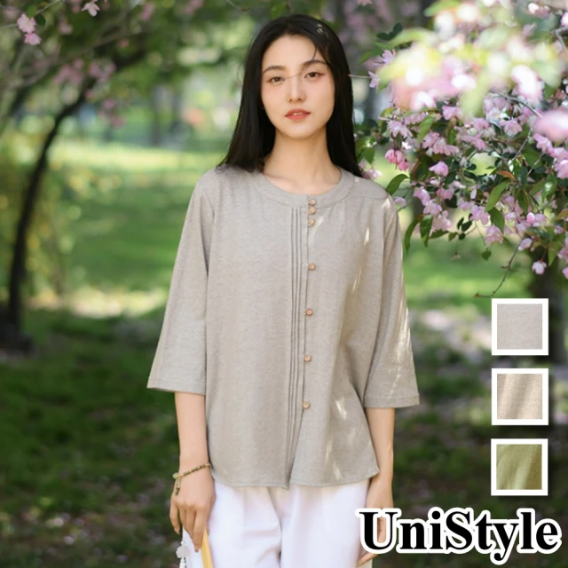 UniStyle 棉麻七分袖上衣 原創款排釦設計防曬 女 FA6316(春芽綠 淺香米 雲灰)