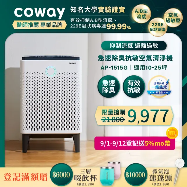 【Coway】10-25坪 急速寵淨空氣清淨機 APP智能遠端遙控 AP-1515G