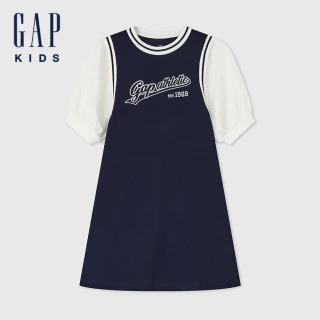 【GAP】女童裝 Logo印花圓領短袖洋裝-海軍藍(466623)