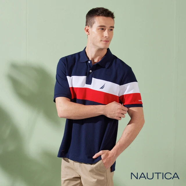 NAUTICA 男裝 撞色拼接條紋拉鍊短袖POLO衫(黑色)