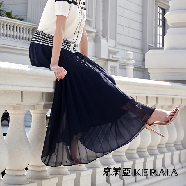 KERAIA 克萊亞 微風海藍水漾波紋拼接小洋裝（附腰帶）折