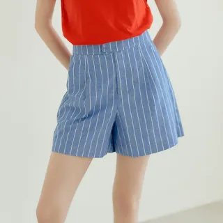 【OUWEY 歐薇】條紋棉麻短褲(藍色；XS-M；3242396024)