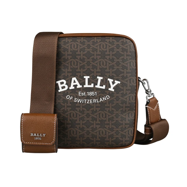 BALLY BALLY Bhenn經典燙印白字字母LOGO復古印花PVC拼接牛皮拉鍊斜背包(摩卡棕x焦糖棕)