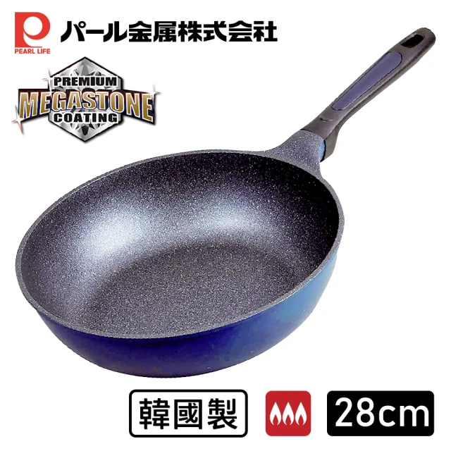 【Pearl Life 珍珠金屬】韓國製MEGASTONE 100萬次耐磨輕量一體成型星空藍深炒鍋 28cm(鐵鏟可用、無鉚釘)