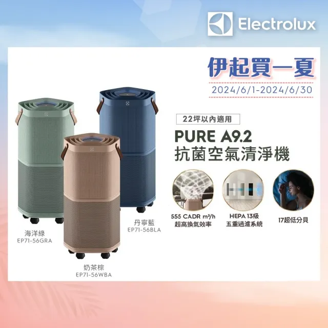 【Electrolux 伊萊克斯】高效能抗菌空氣清淨機 EP71-56BLA 56GRA 56WBA(Pure A9.2 三色任選 22坪內適用)