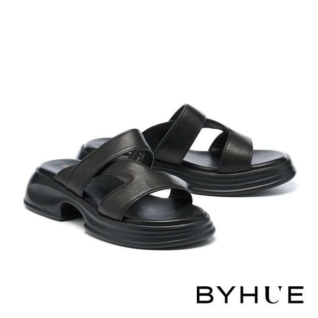 BYHUE 簡約率性纏繞造型寬帶牛皮軟芯厚底拖鞋(黑)折扣推 BYHUE 簡約率性纏繞造型寬帶牛皮軟芯厚底拖鞋(黑)