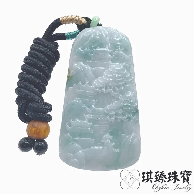 Y63)糯種水色A貨『山水図』精彫ヒスイ彫牌翡翠吊墜開運 貴重 珍しい置物 琪臻珠寶】天然A貨翡翠細糯種山水牌吊墜(富貴山水_海納百川_77樂購季_