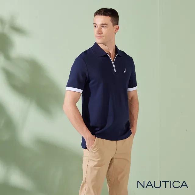 【NAUTICA】男裝 素面純棉拉鍊領短袖POLO衫(深藍)