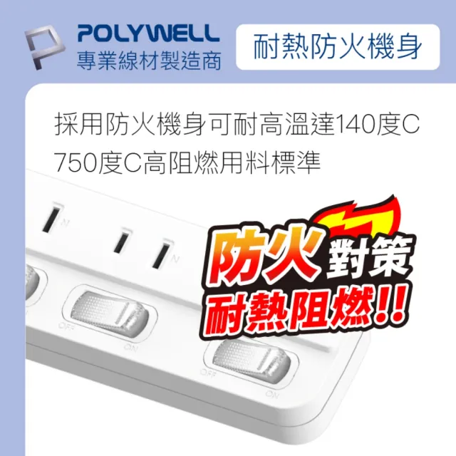 【POLYWELL】電源延長線 4切4座 2P /12尺