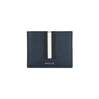 【BALLY】TVEYE銀字金屬LOGO黑白條紋粒面牛皮6卡對折短夾(深藍)