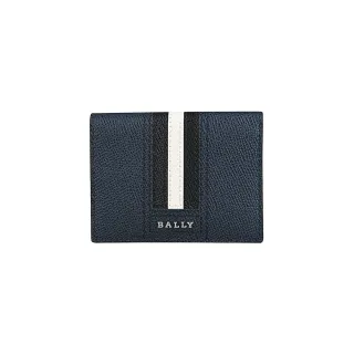 【BALLY】TALDER銀字金屬LOGO黑白條紋粒面牛皮6卡對折卡片夾(深藍)