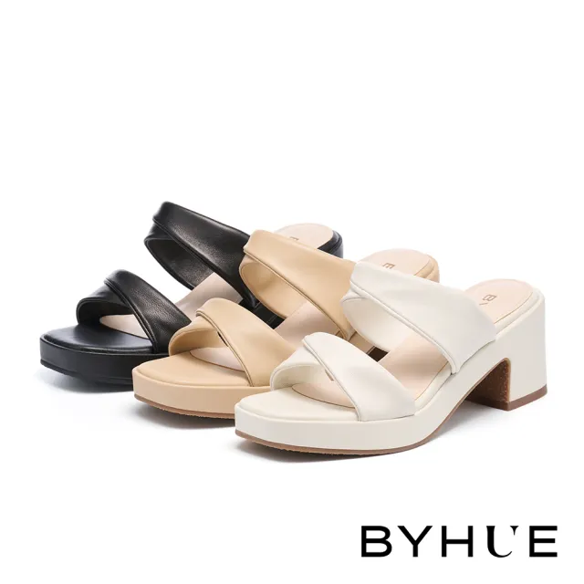 【BYHUE】韓系質感反摺雙寬帶軟羊皮軟芯方頭高跟拖鞋(米白)