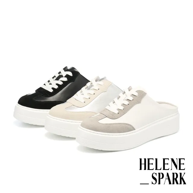 【HELENE_SPARK】率性舒適異材質綁帶穆勒厚底拖鞋(黑)
