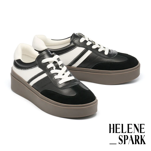 HELENE_SPARK 率性時尚撞色異材質綁帶厚底休閒鞋(黑)