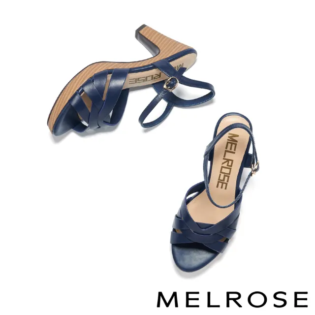 【MELROSE】美樂斯 安定感 簡約日常交叉帶牛皮美型高跟涼鞋(藍)