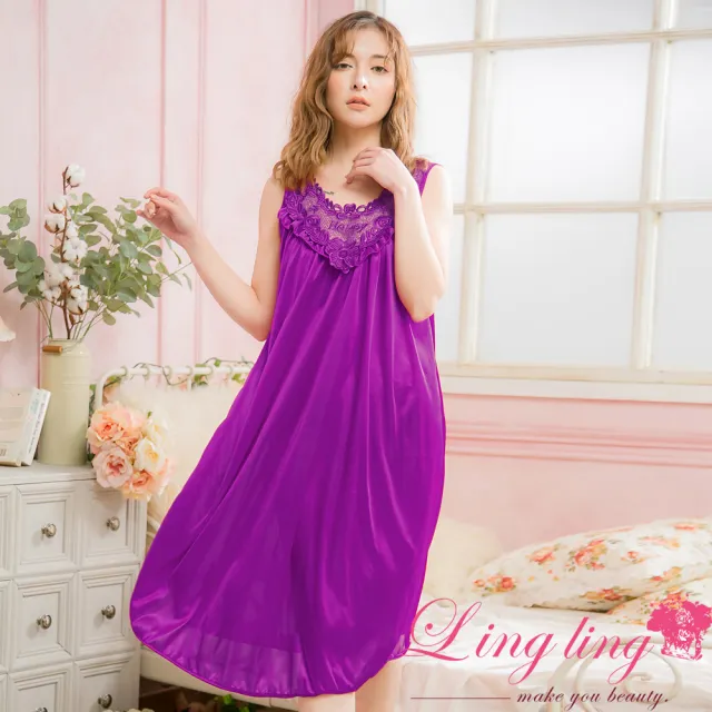 【lingling】全尺碼-雕花蕾絲冰絲連身背心睡衣 居家服睡裙(PA2838-共11色可選)