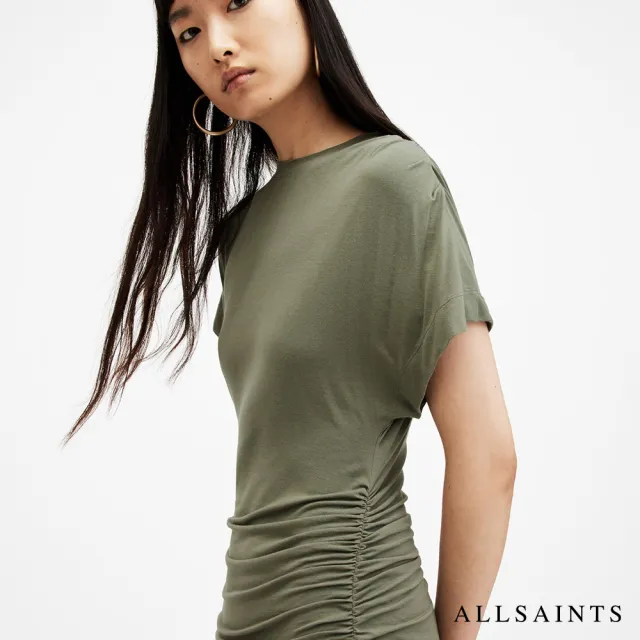 【ALLSAINTS】NATALIE 抽皺開岔修身中長版洋裝-綠 WD511Z(修身版型)
