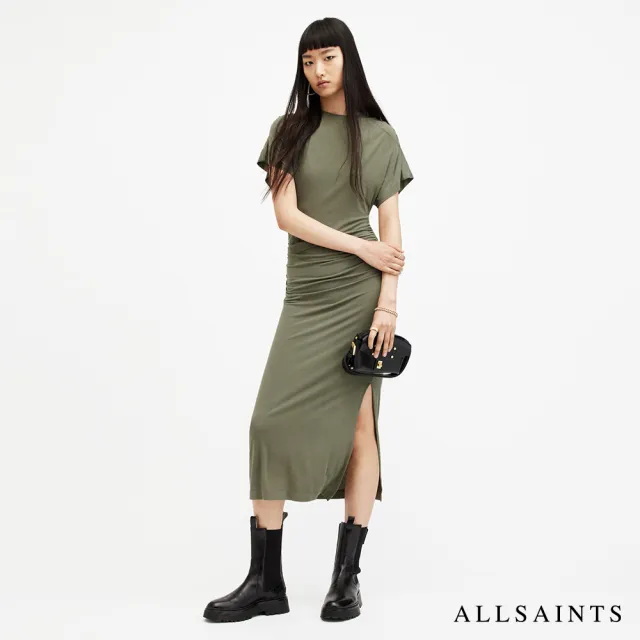 【ALLSAINTS】NATALIE 抽皺開岔修身中長版洋裝-綠 WD511Z(修身版型)